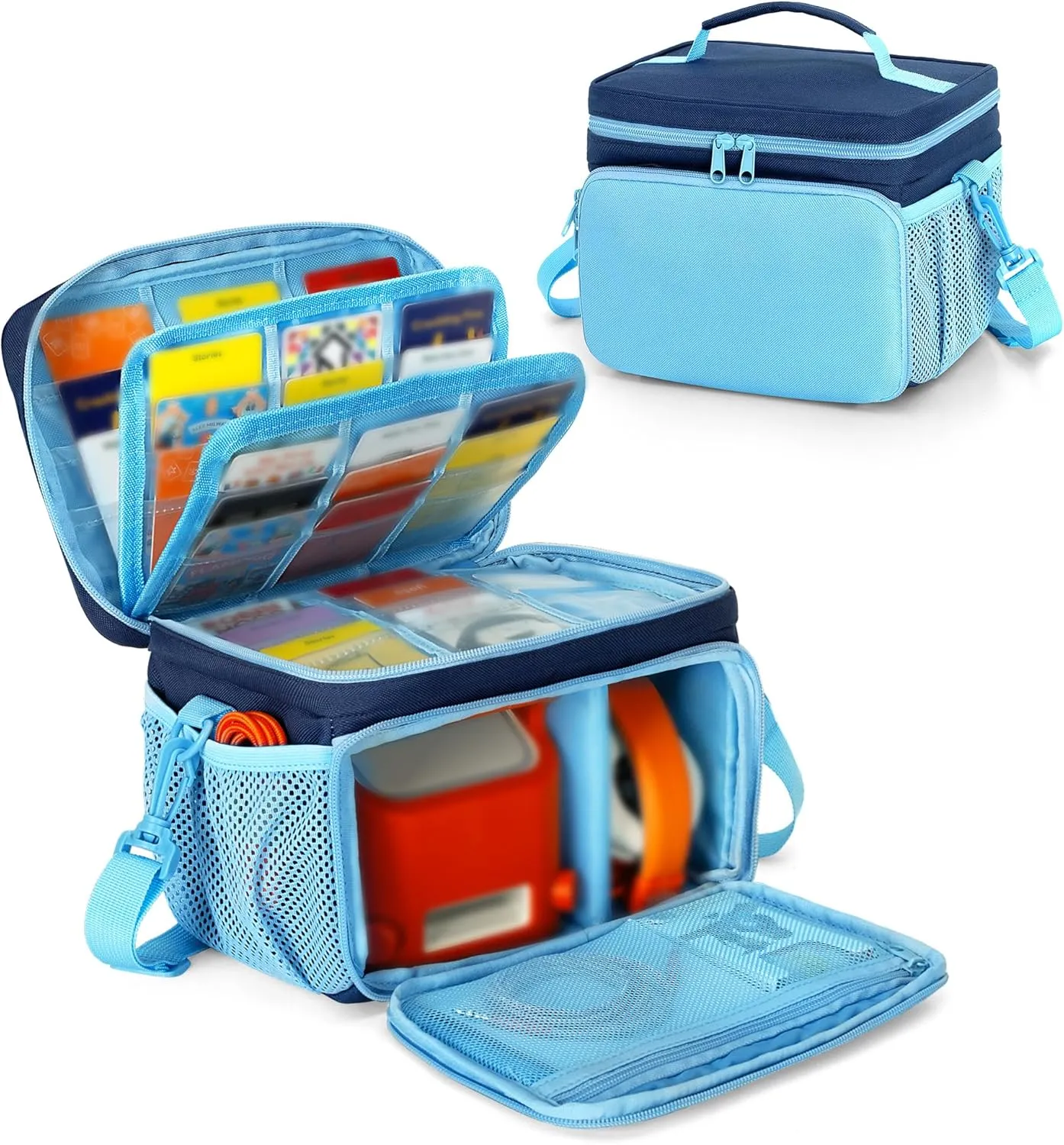 LoDrid Travel Carrying Case Compatible with Yoto Player Bluetooth Speaker, Audio Card Holder Holds up to 54 Cards with Shoulder Strap, Blue, Bag Only