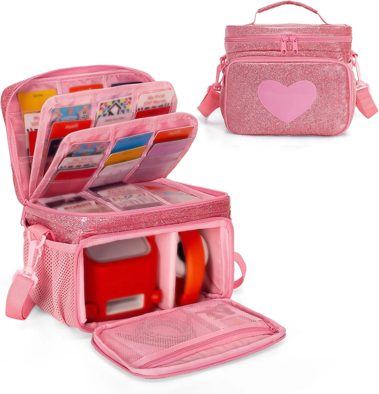 LoDrid Travel Carrying Case Compatible with Yoto Player Bluetooth Speaker, Audio Card Holder Holds up to 54 Cards with Shoulder Strap, Pink, Bag Only