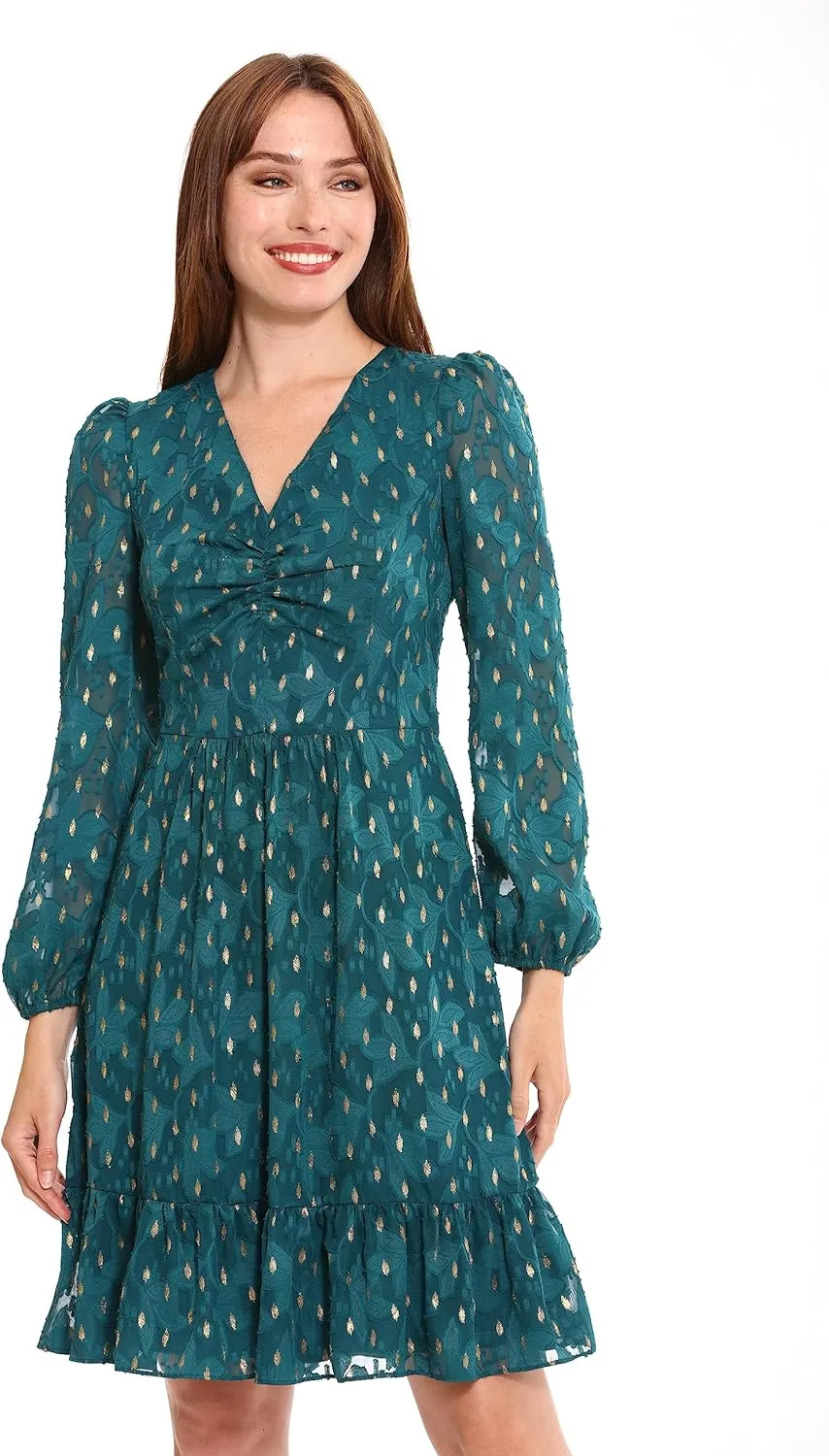 London Times Women's V-Neck Ruched Waist Tiered Skirt Dress