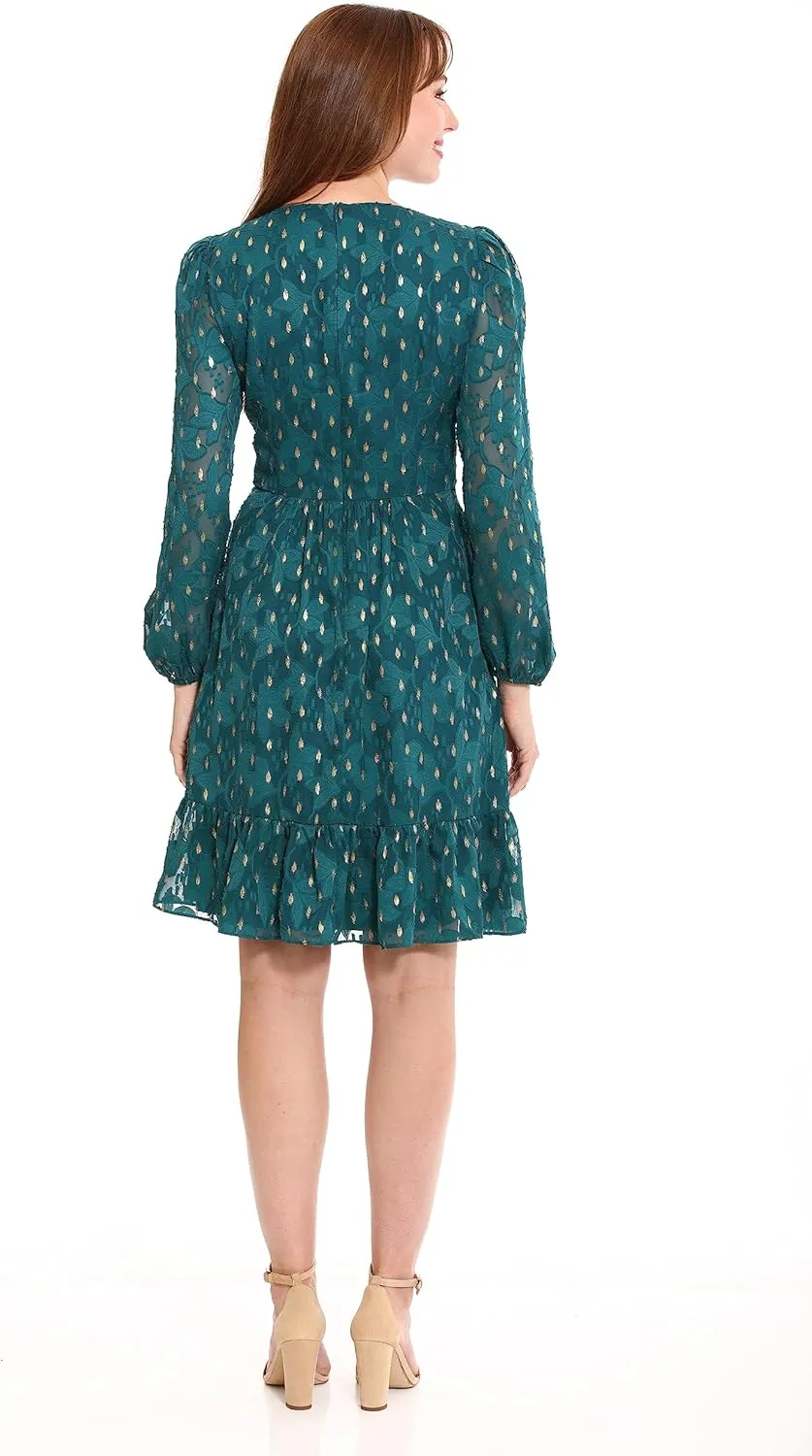 London Times Women's V-Neck Ruched Waist Tiered Skirt Dress