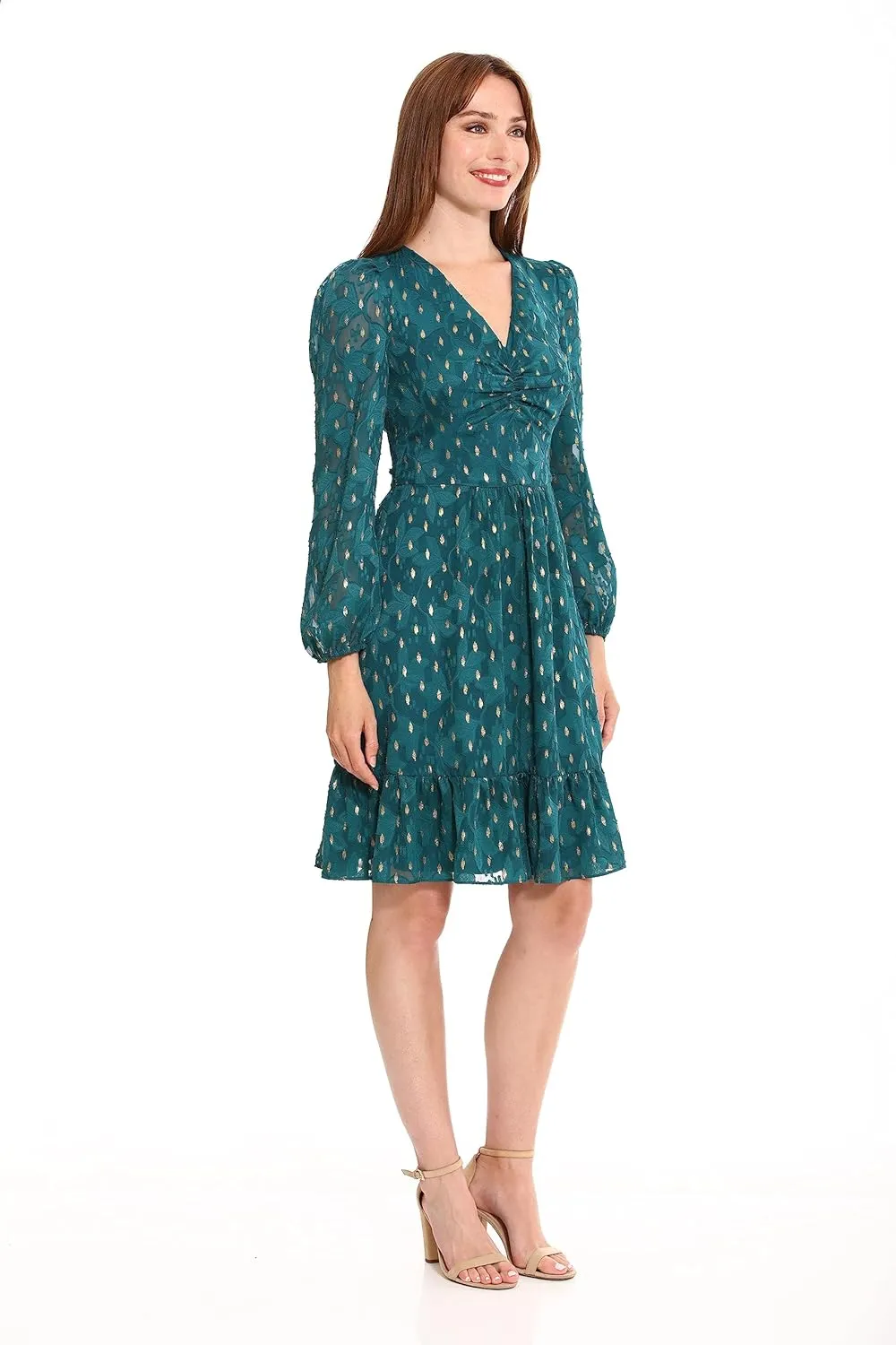 London Times Women's V-Neck Ruched Waist Tiered Skirt Dress