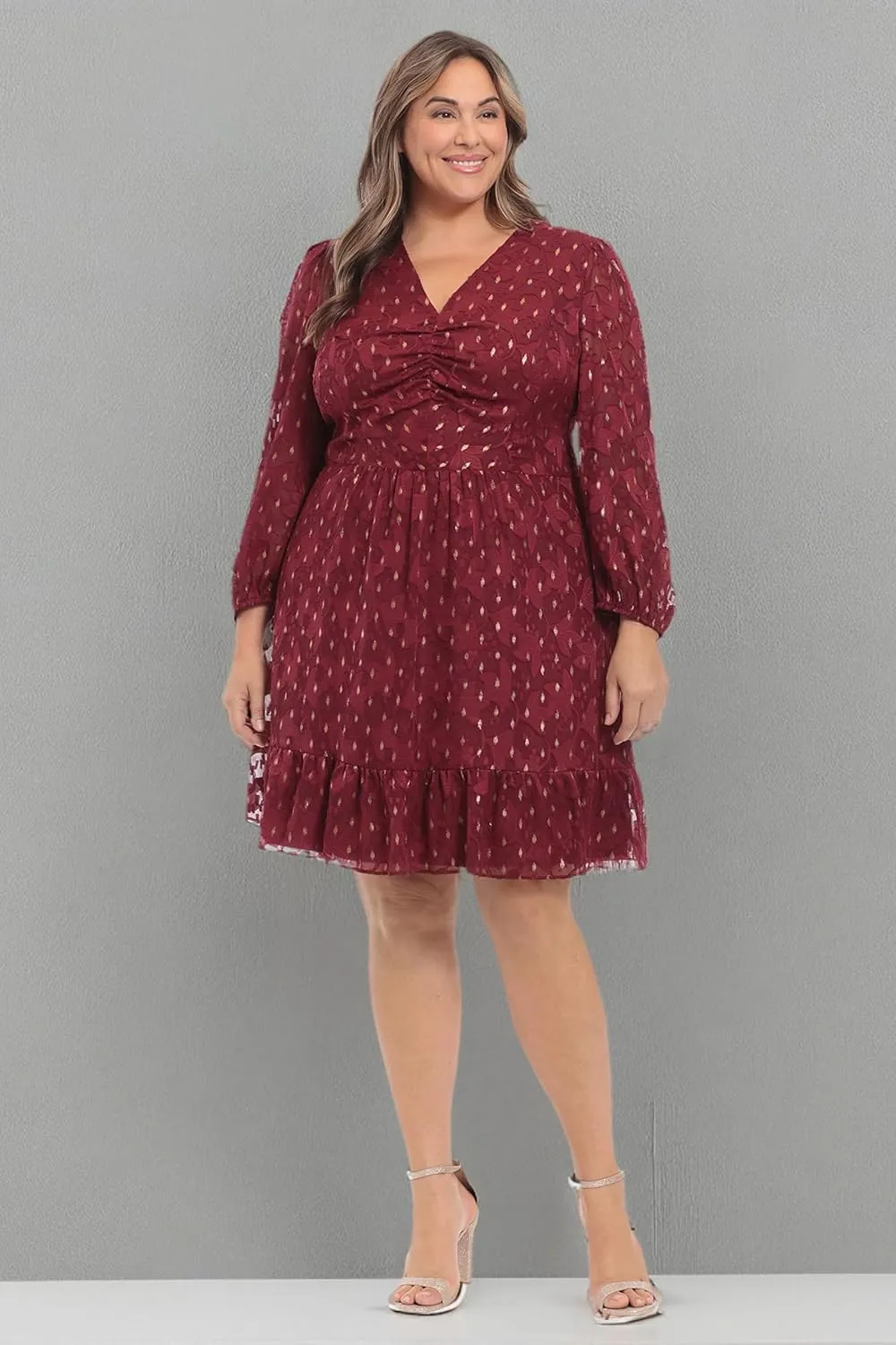 London Times Women's V-Neck Ruched Waist Tiered Skirt Dress