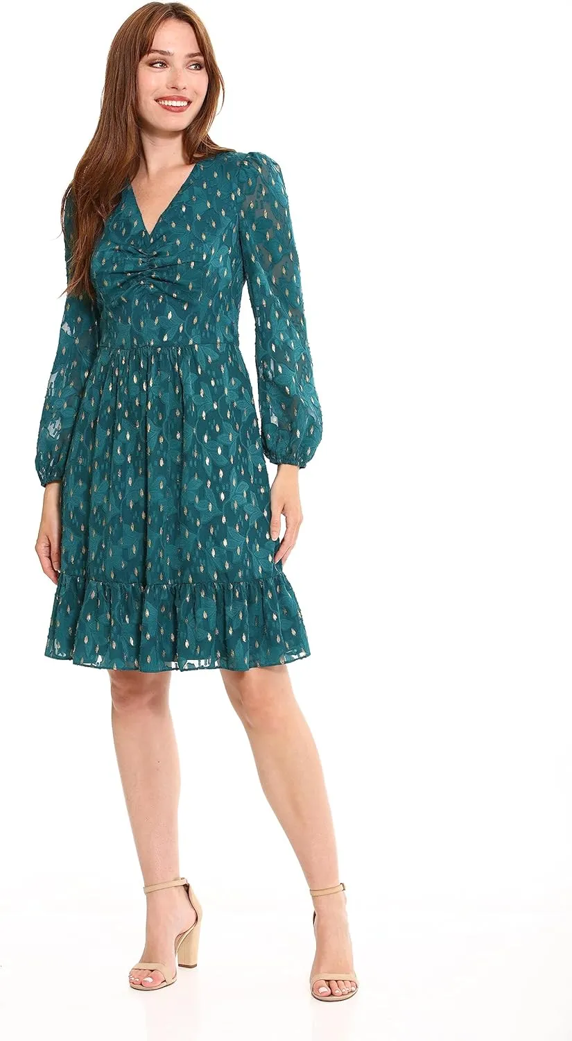 London Times Women's V-Neck Ruched Waist Tiered Skirt Dress