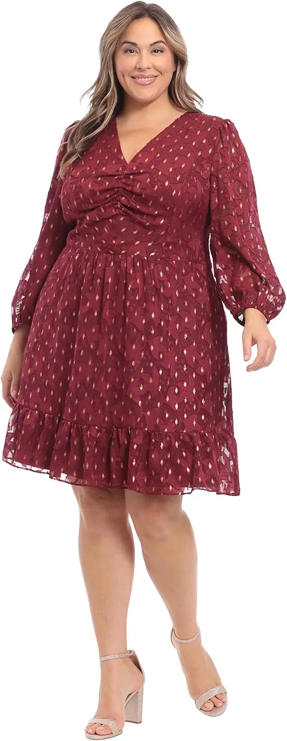 London Times Women's V-Neck Ruched Waist Tiered Skirt Dress