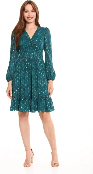 London Times Women's V-Neck Ruched Waist Tiered Skirt Dress