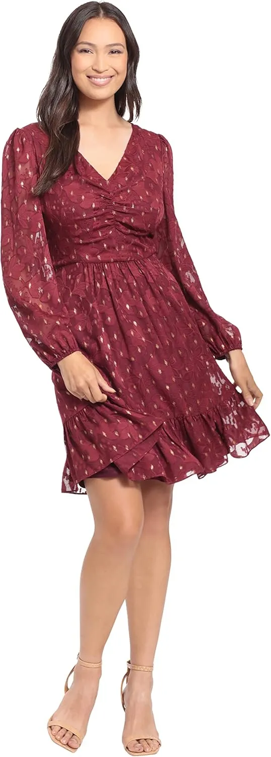 London Times Women's V-Neck Ruched Waist Tiered Skirt Dress