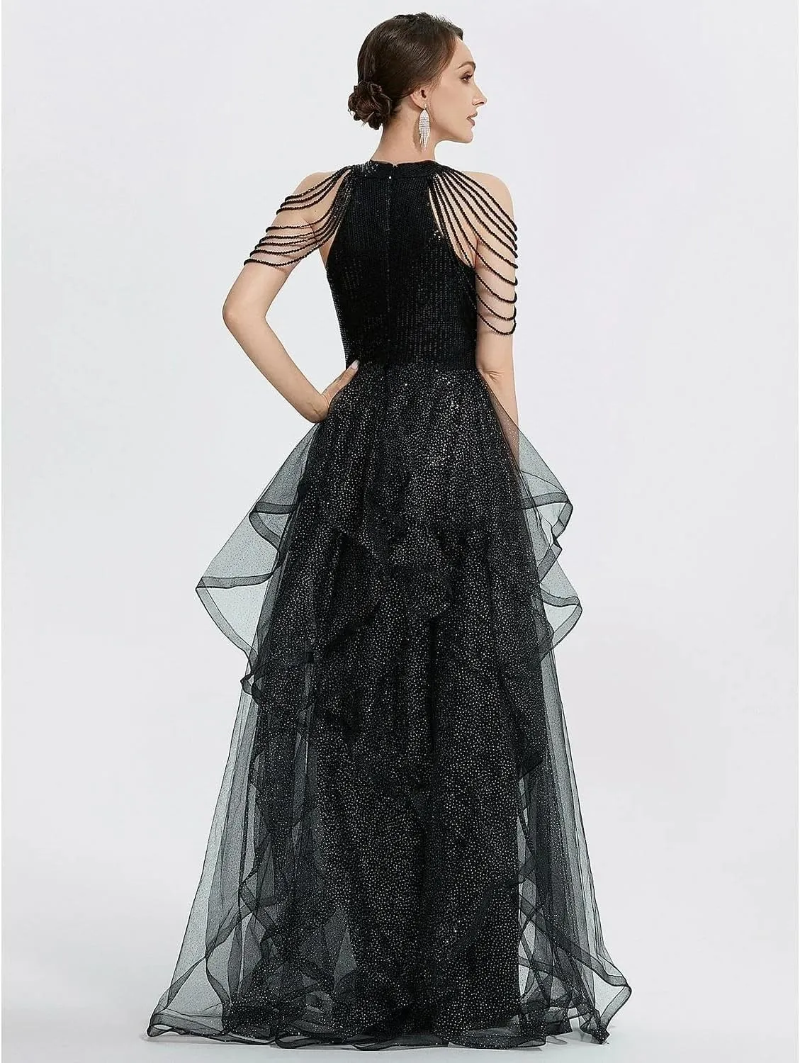 Long Black Dress for Women Elegant Formal Quinceanera Prom Dresses Wedding Guest Dresses Tulle with Beading