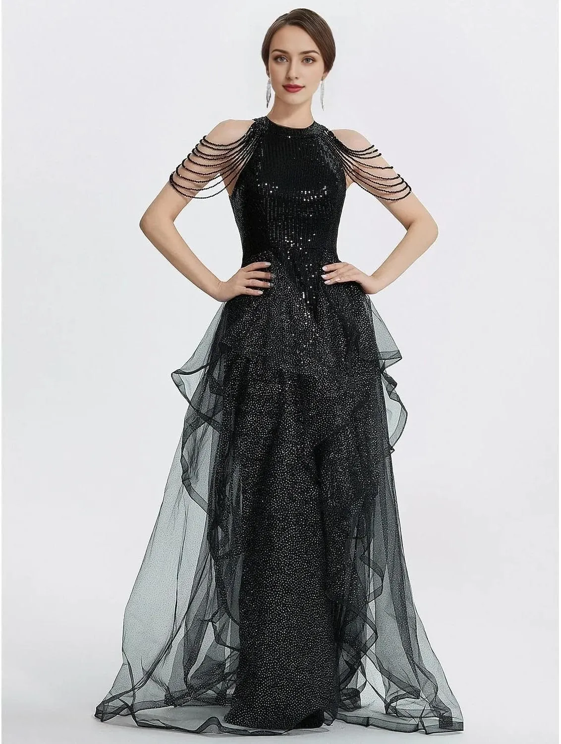 Long Black Dress for Women Elegant Formal Quinceanera Prom Dresses Wedding Guest Dresses Tulle with Beading