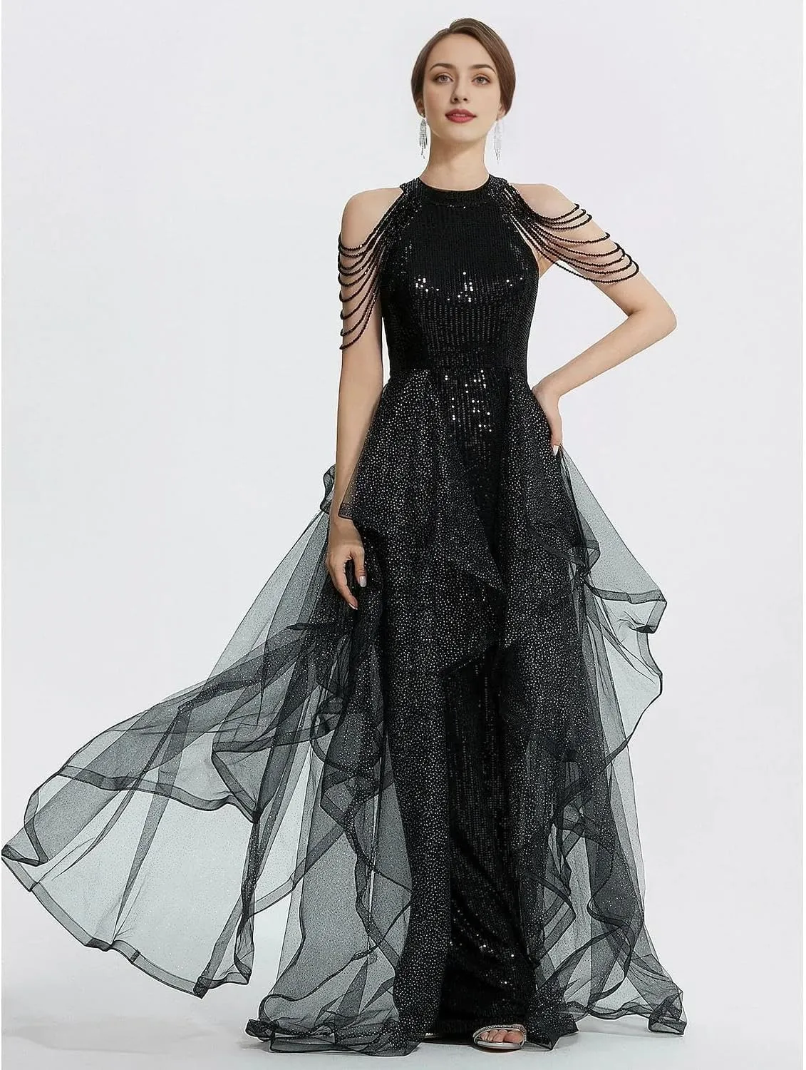Long Black Dress for Women Elegant Formal Quinceanera Prom Dresses Wedding Guest Dresses Tulle with Beading