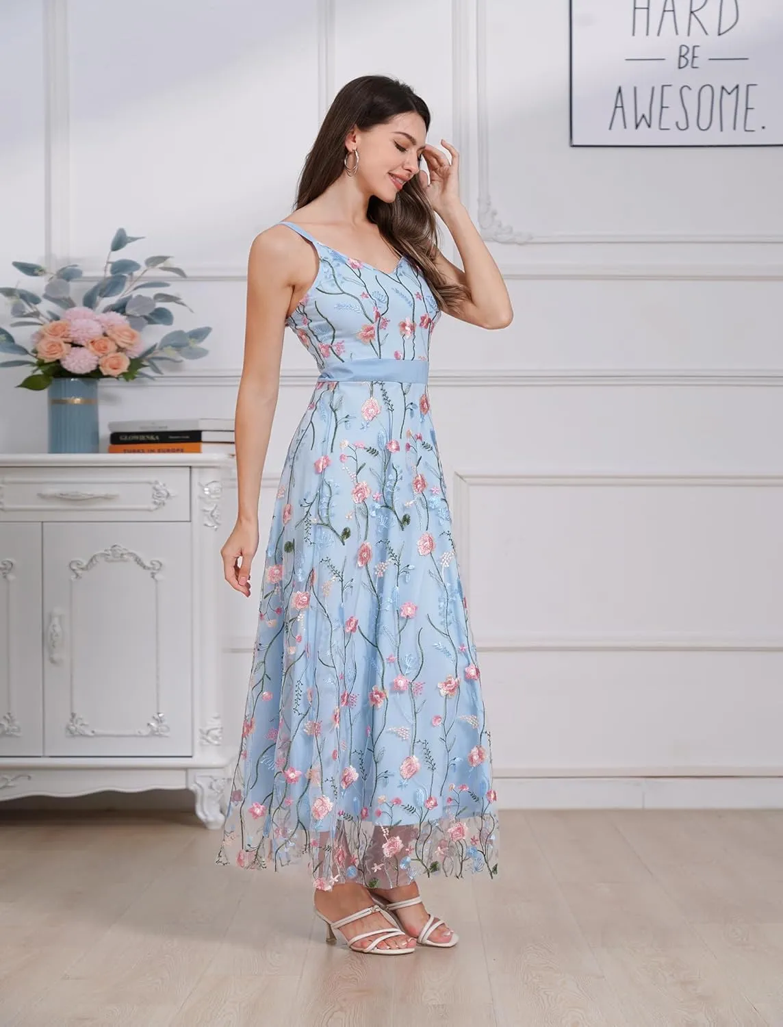 Long Floral Embroidery Dress for Women Flower Embroidered Maxi Dress Spaghetti Straps Formal Evening Party Tulle Prom Dress