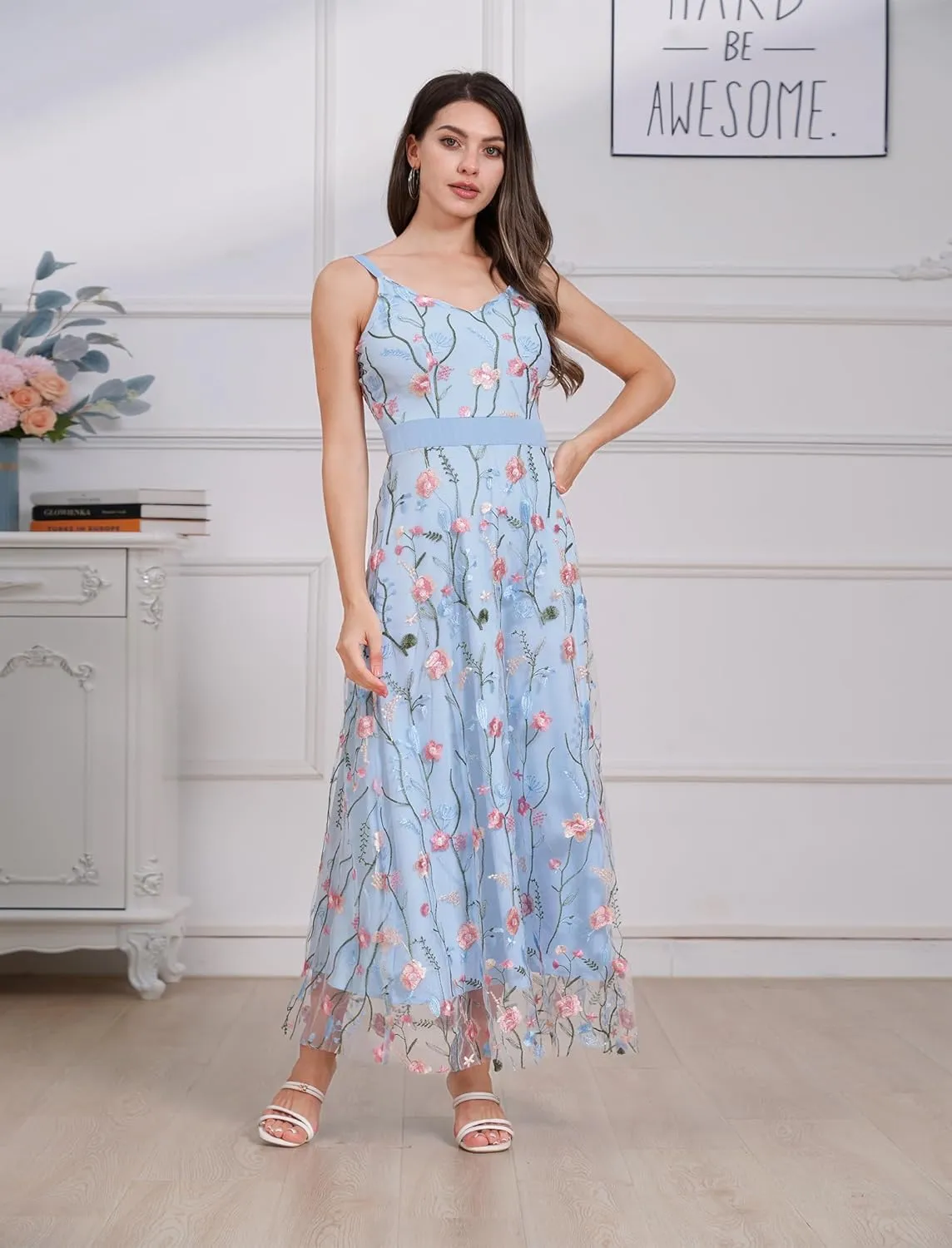 Long Floral Embroidery Dress for Women Flower Embroidered Maxi Dress Spaghetti Straps Formal Evening Party Tulle Prom Dress