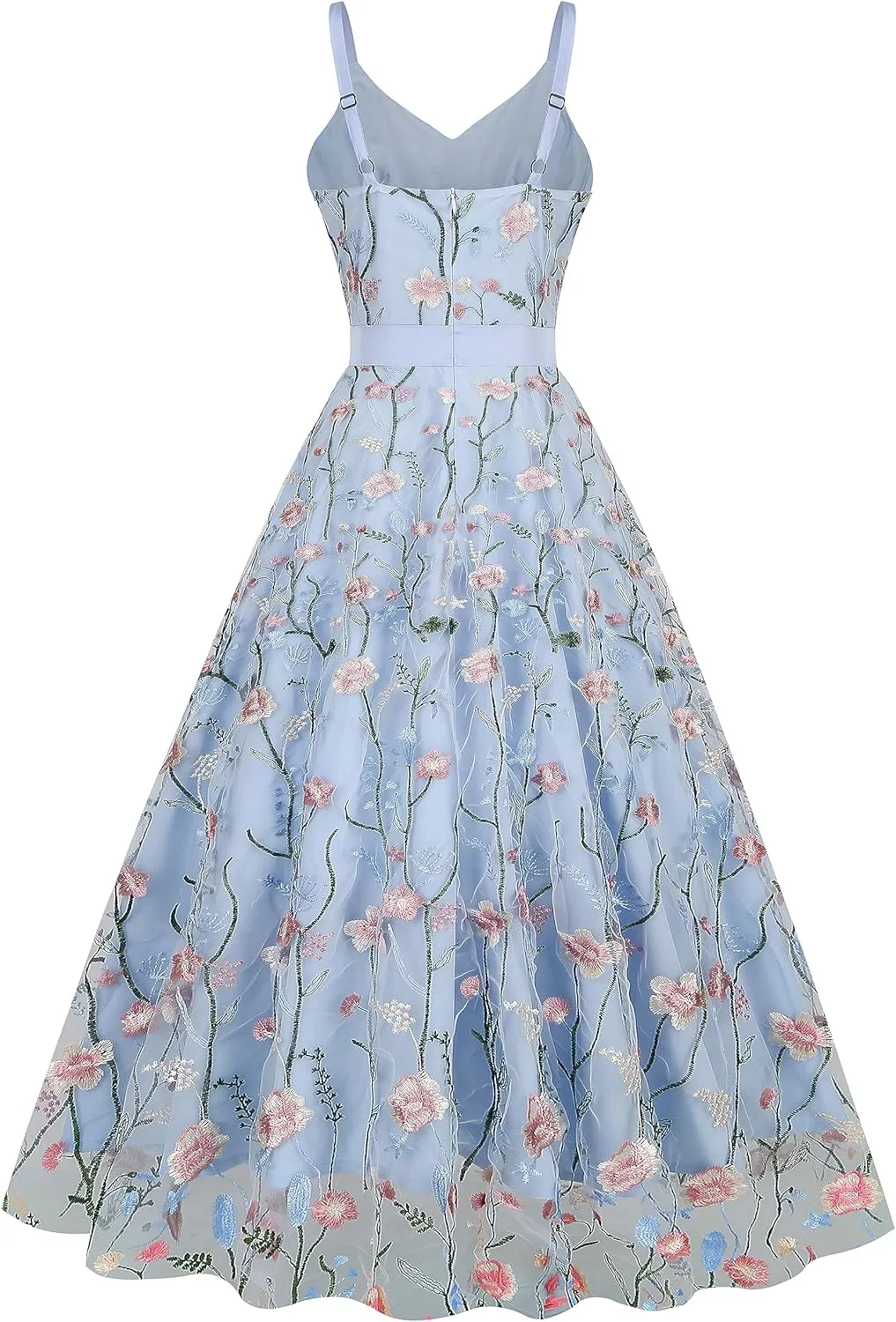 Long Floral Embroidery Dress for Women Flower Embroidered Maxi Dress Spaghetti Straps Formal Evening Party Tulle Prom Dress