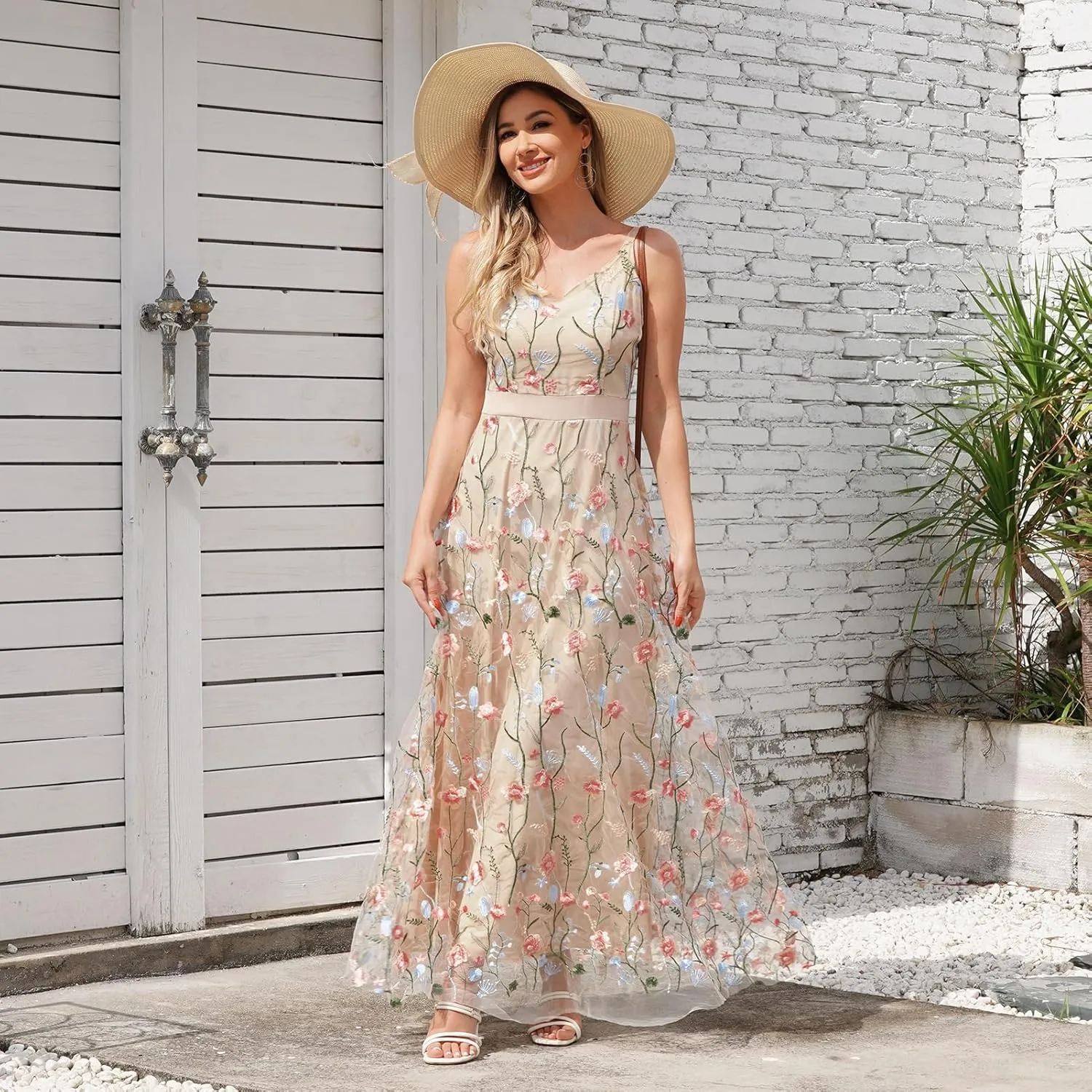 Long Floral Embroidery Dress for Women Flower Embroidered Maxi Dress Spaghetti Straps Formal Evening Party Tulle Prom Dress