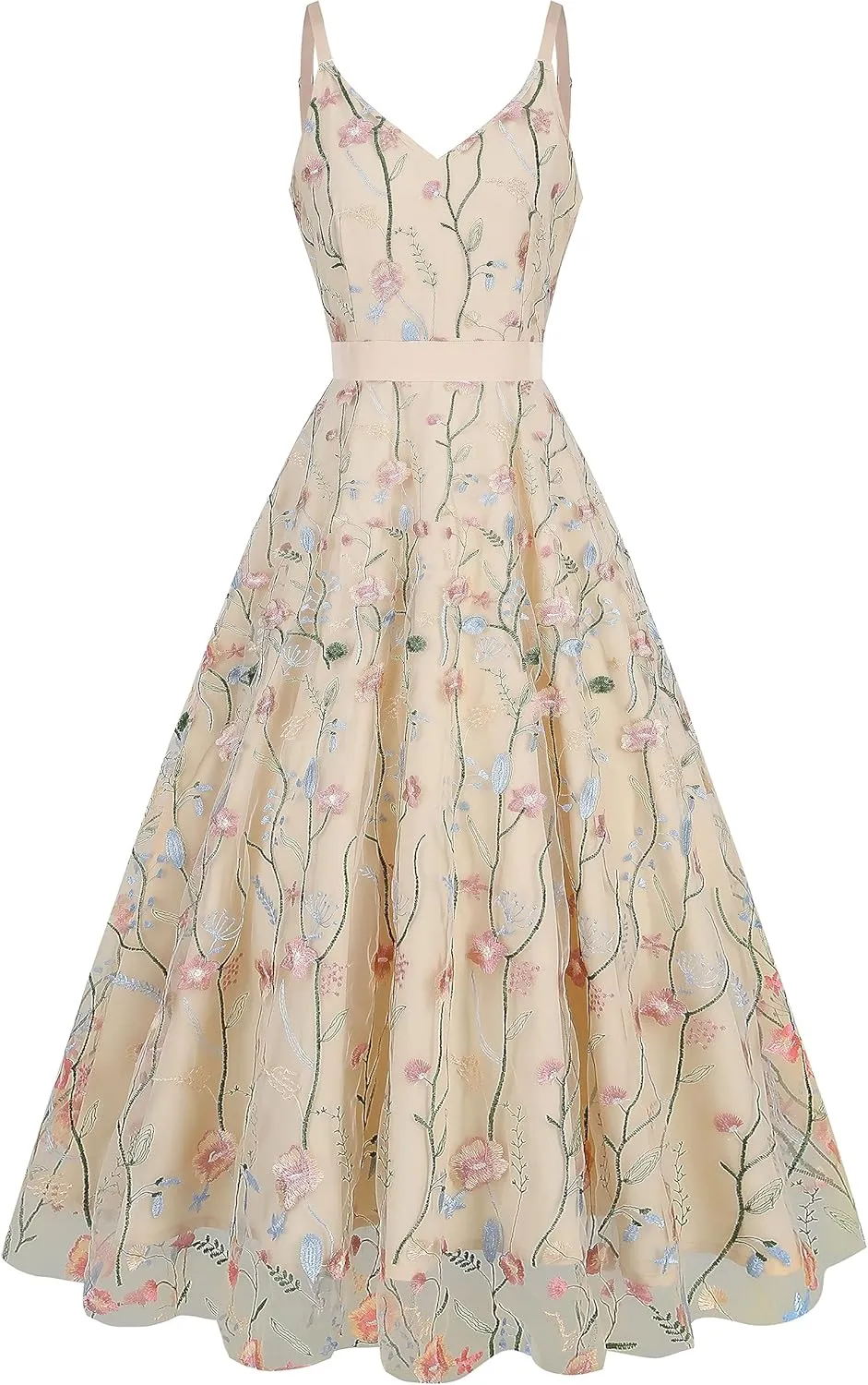 Long Floral Embroidery Dress for Women Flower Embroidered Maxi Dress Spaghetti Straps Formal Evening Party Tulle Prom Dress