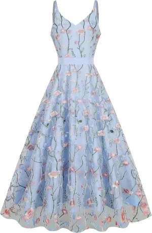 Long Floral Embroidery Dress for Women Flower Embroidered Maxi Dress Spaghetti Straps Formal Evening Party Tulle Prom Dress