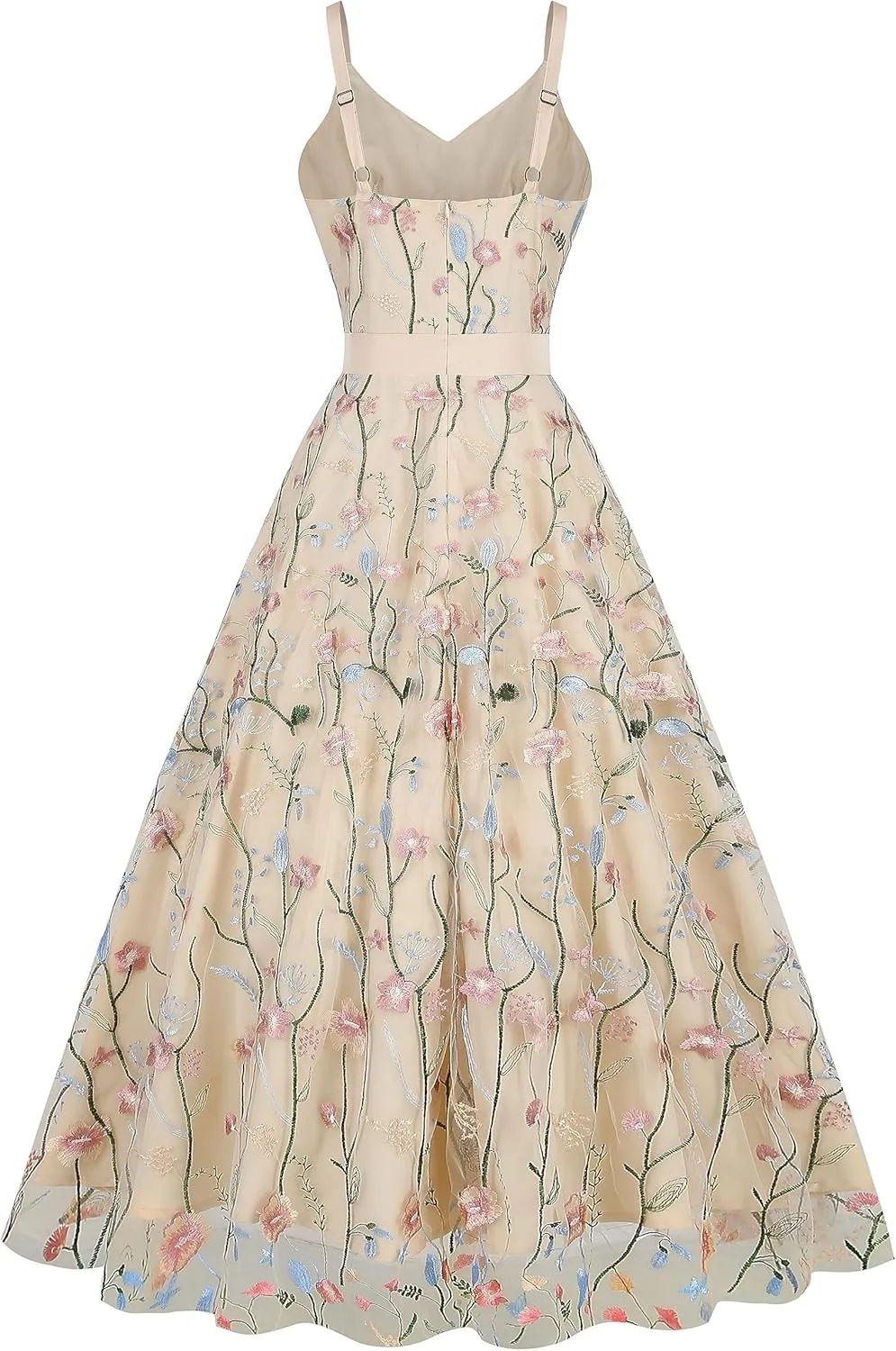 Long Floral Embroidery Dress for Women Flower Embroidered Maxi Dress Spaghetti Straps Formal Evening Party Tulle Prom Dress