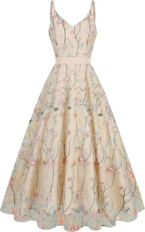 Long Floral Embroidery Dress for Women Flower Embroidered Maxi Dress Spaghetti Straps Formal Evening Party Tulle Prom Dress