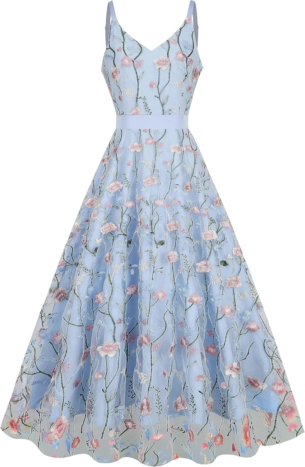 Long Floral Embroidery Dress for Women Flower Embroidered Maxi Dress Spaghetti Straps Formal Evening Party Tulle Prom Dress