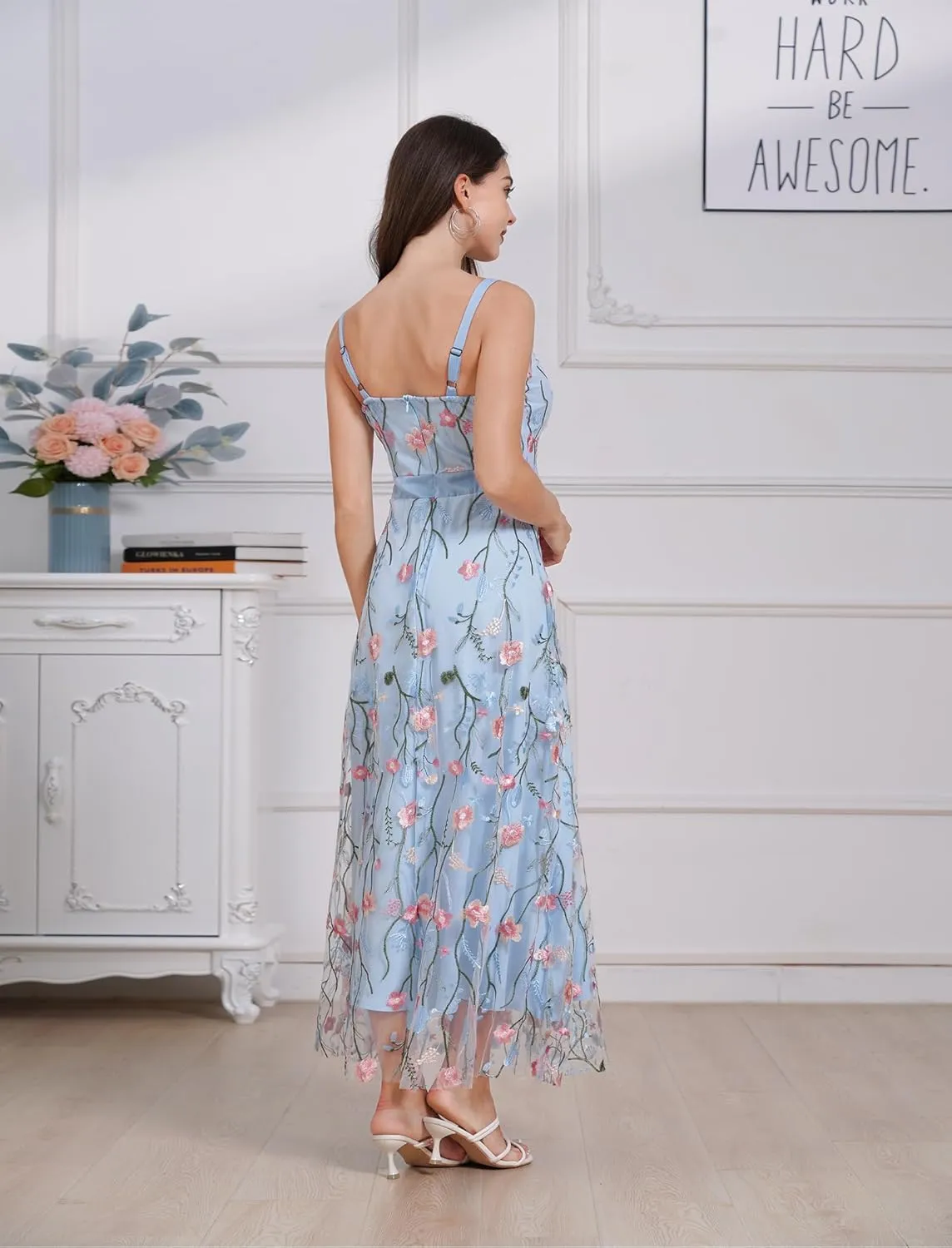 Long Floral Embroidery Dress for Women Flower Embroidered Maxi Dress Spaghetti Straps Formal Evening Party Tulle Prom Dress
