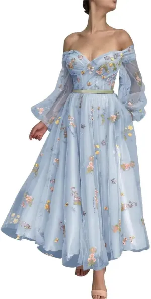 Long Puffy Sleeve Flower Embroidery Floral Tulle Prom Dresses for Women A Line Fairy Maxi Formal Evening Party Gowns