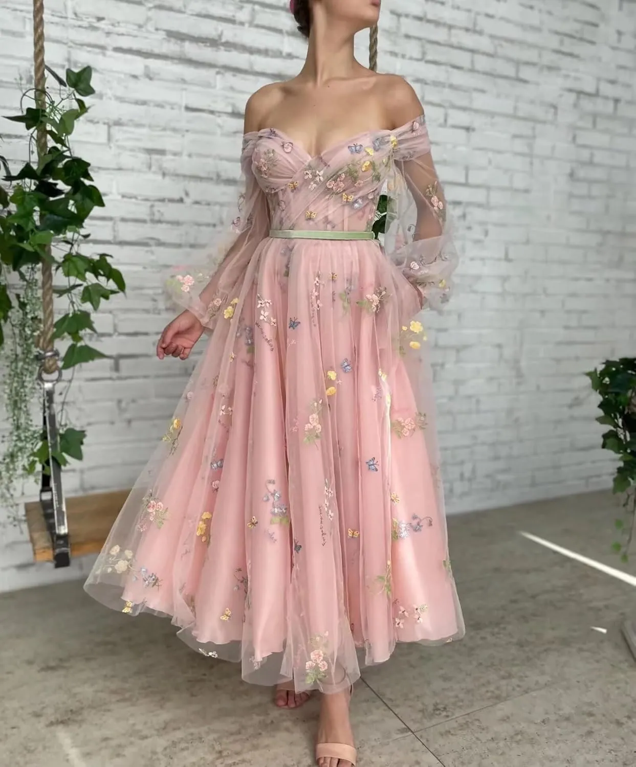 Long Puffy Sleeve Flower Embroidery Floral Tulle Prom Dresses for Women A Line Fairy Maxi Formal Evening Party Gowns