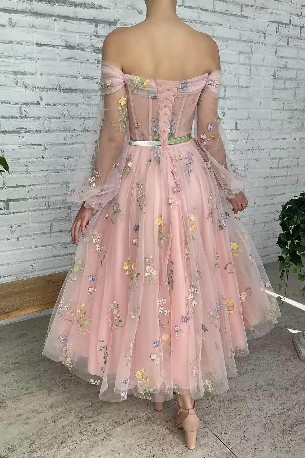 Long Puffy Sleeve Flower Embroidery Floral Tulle Prom Dresses for Women A Line Fairy Maxi Formal Evening Party Gowns