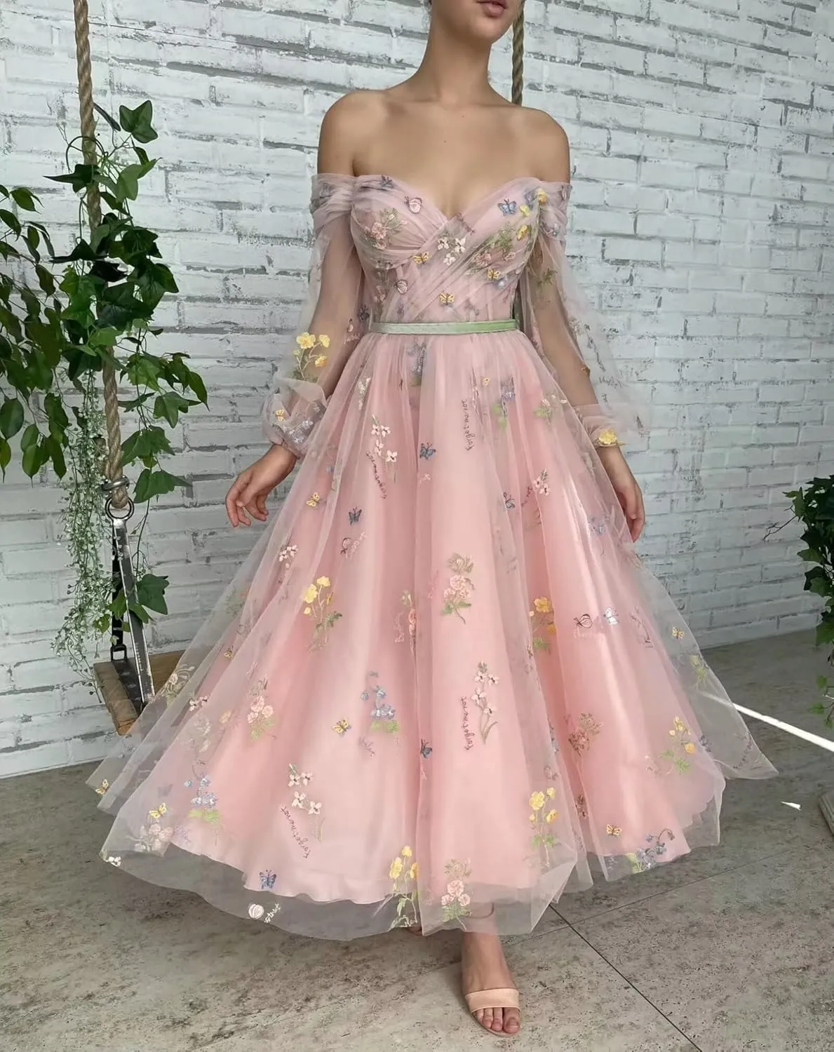Long Puffy Sleeve Flower Embroidery Floral Tulle Prom Dresses for Women A Line Fairy Maxi Formal Evening Party Gowns