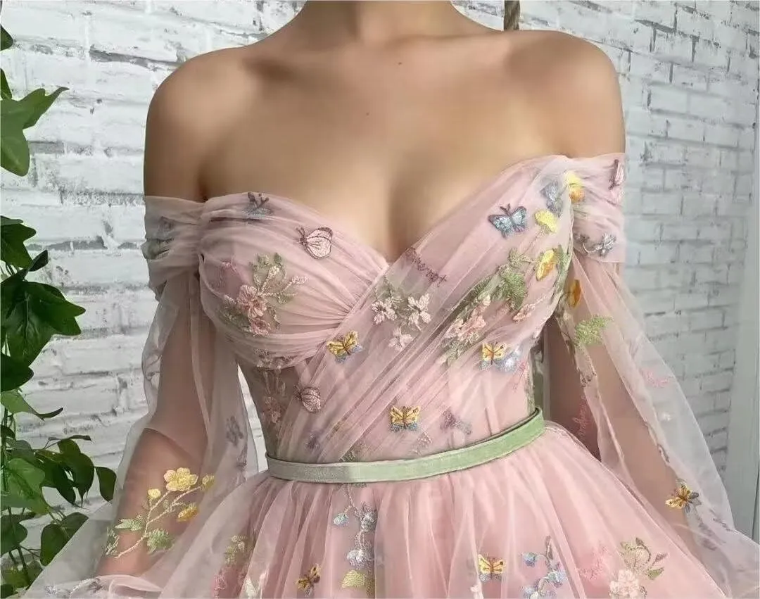 Long Puffy Sleeve Flower Embroidery Floral Tulle Prom Dresses for Women A Line Fairy Maxi Formal Evening Party Gowns