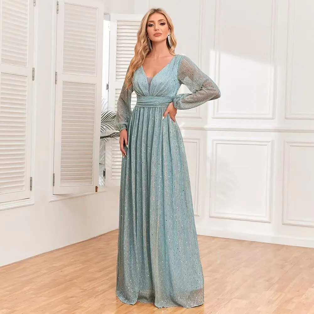 Long Sequin Evening Gowns A-Line Long Puffy Sleeve Formal Dress for Women FBAMO03