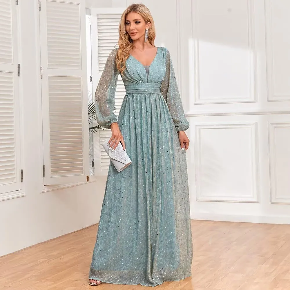 Long Sequin Evening Gowns A-Line Long Puffy Sleeve Formal Dress for Women FBAMO03