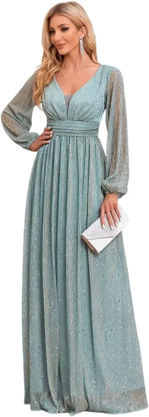 Long Sequin Evening Gowns A-Line Long Puffy Sleeve Formal Dress for Women FBAMO03