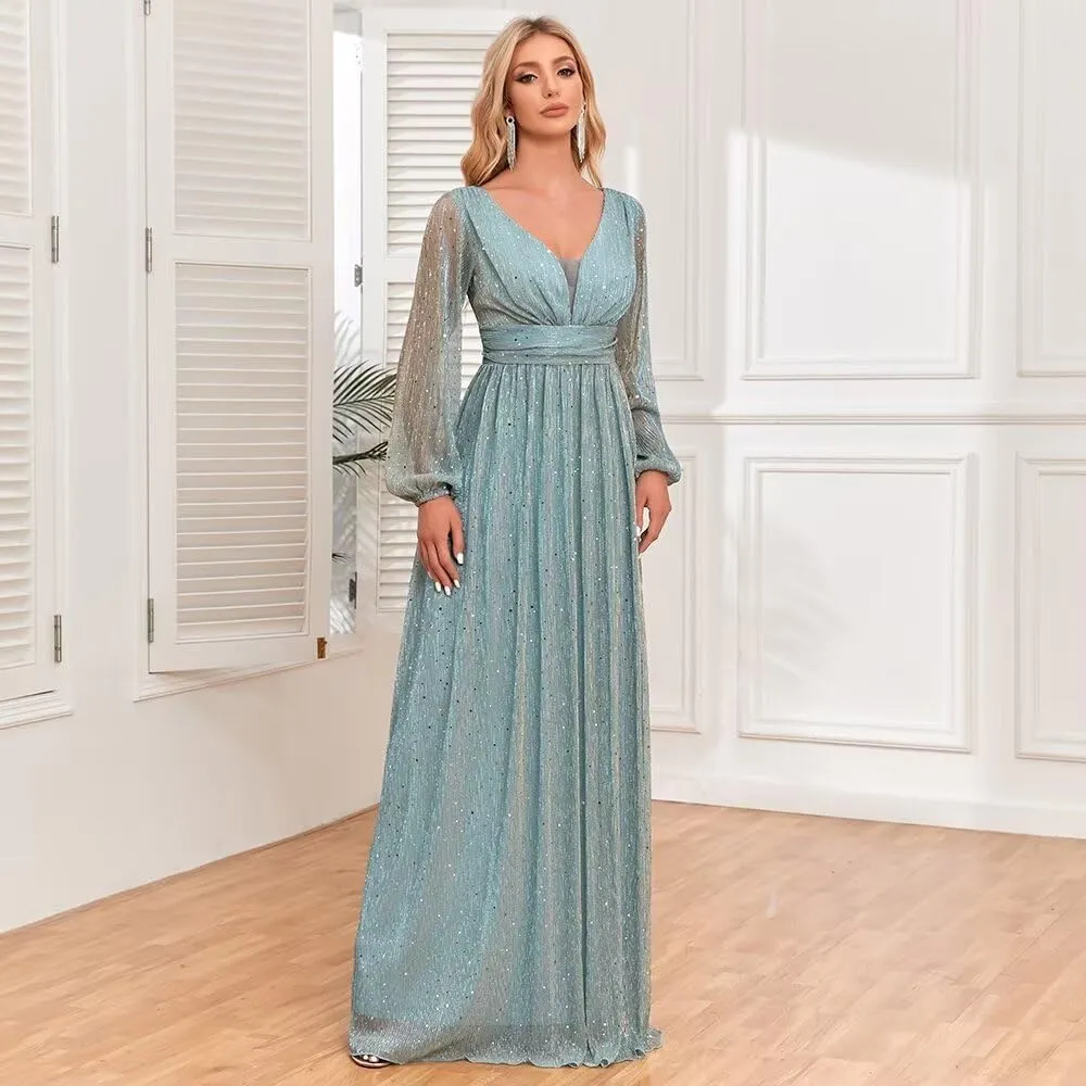 Long Sequin Evening Gowns A-Line Long Puffy Sleeve Formal Dress for Women FBAMO03