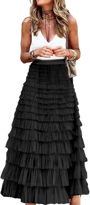 Long Tulle Skirt for Women Trendy High Waisted A Line Fluffy Fairy Mesh Layered Ruffle Skirt