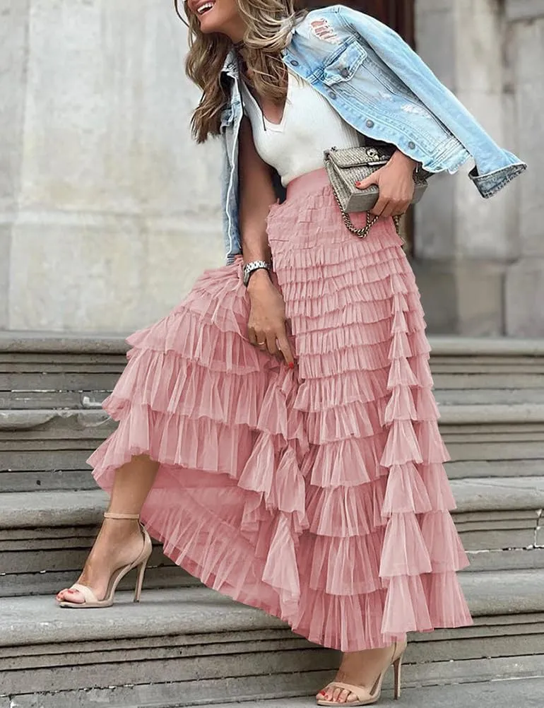 Long Tulle Skirt for Women Trendy High Waisted A Line Fluffy Fairy Mesh Layered Ruffle Skirt