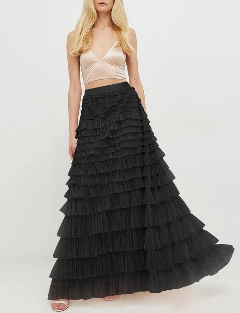 Long Tulle Skirt for Women Trendy High Waisted A Line Fluffy Fairy Mesh Layered Ruffle Skirt
