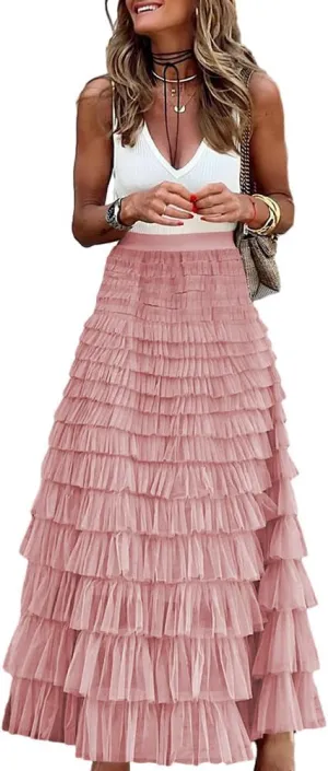 Long Tulle Skirt for Women Trendy High Waisted A Line Fluffy Fairy Mesh Layered Ruffle Skirt
