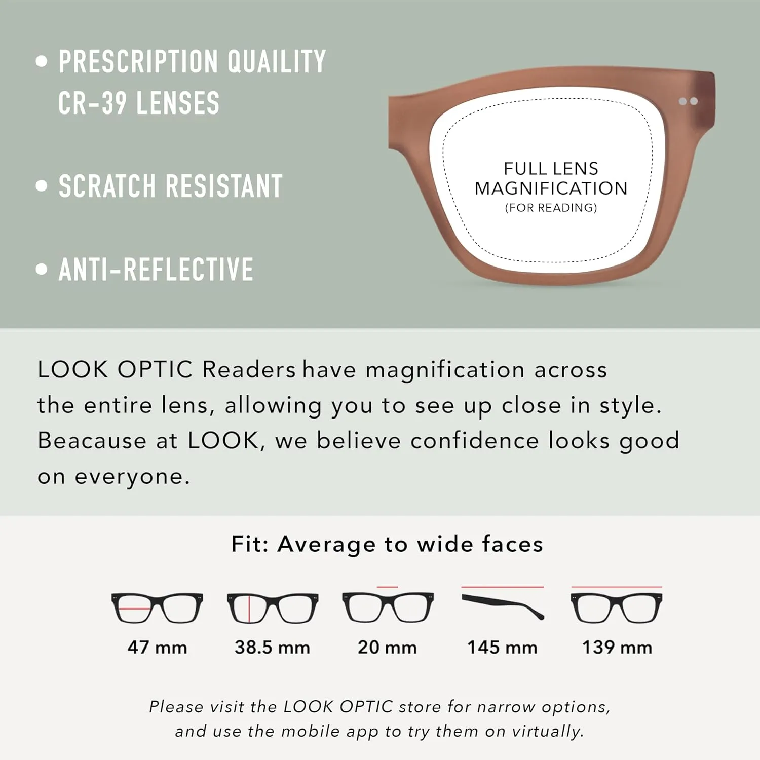 LOOK OPTIC Cosmo Reader-Lightweight Full Magnification Reading Glasses with Scratch-Resistant Anti-Reflective Lenses