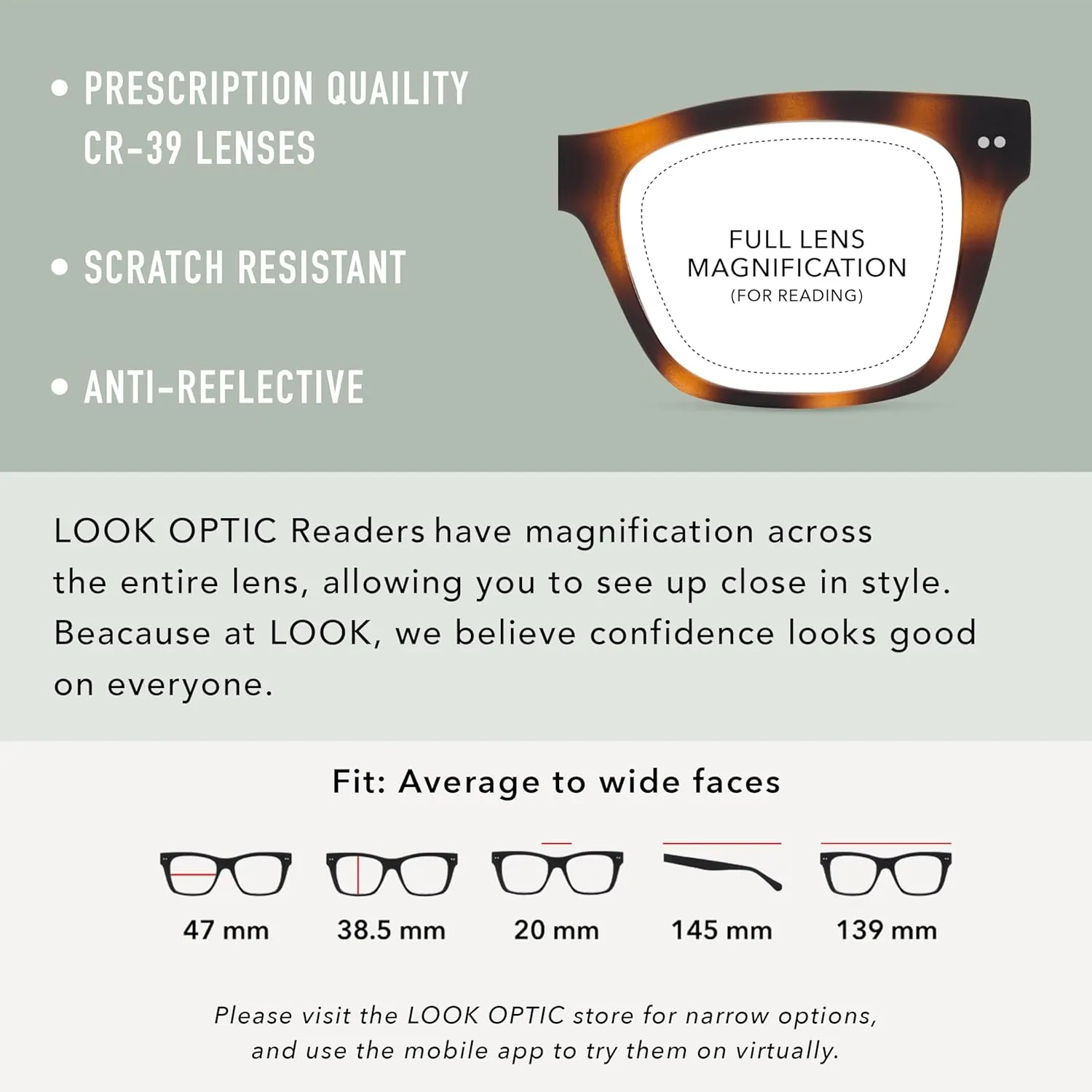 LOOK OPTIC Cosmo Reader-Lightweight Full Magnification Reading Glasses with Scratch-Resistant Anti-Reflective Lenses