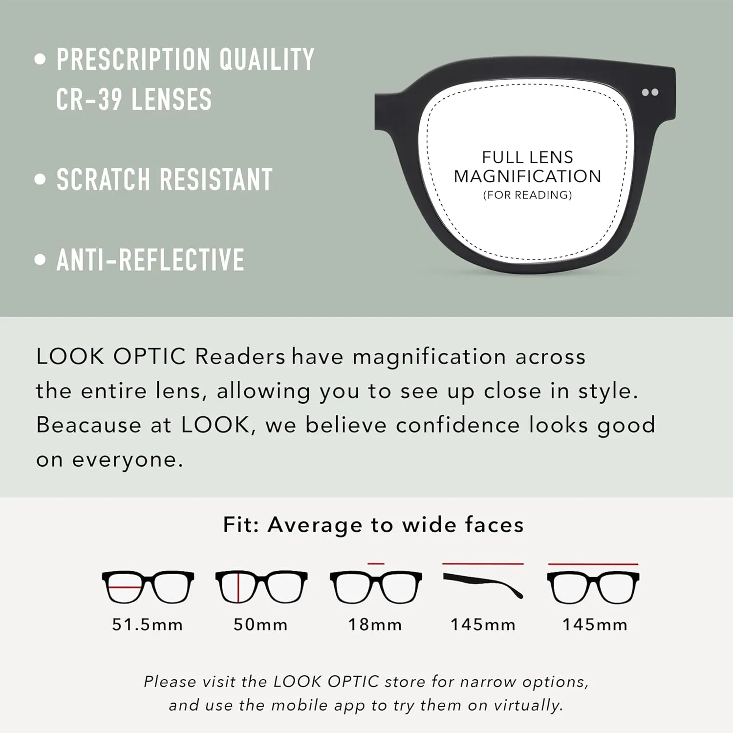 LOOK OPTIC Laurel Reader-Lightweight Full Magnification Reading Glasses with Scratch-Resistant Anti-Reflective Lenses