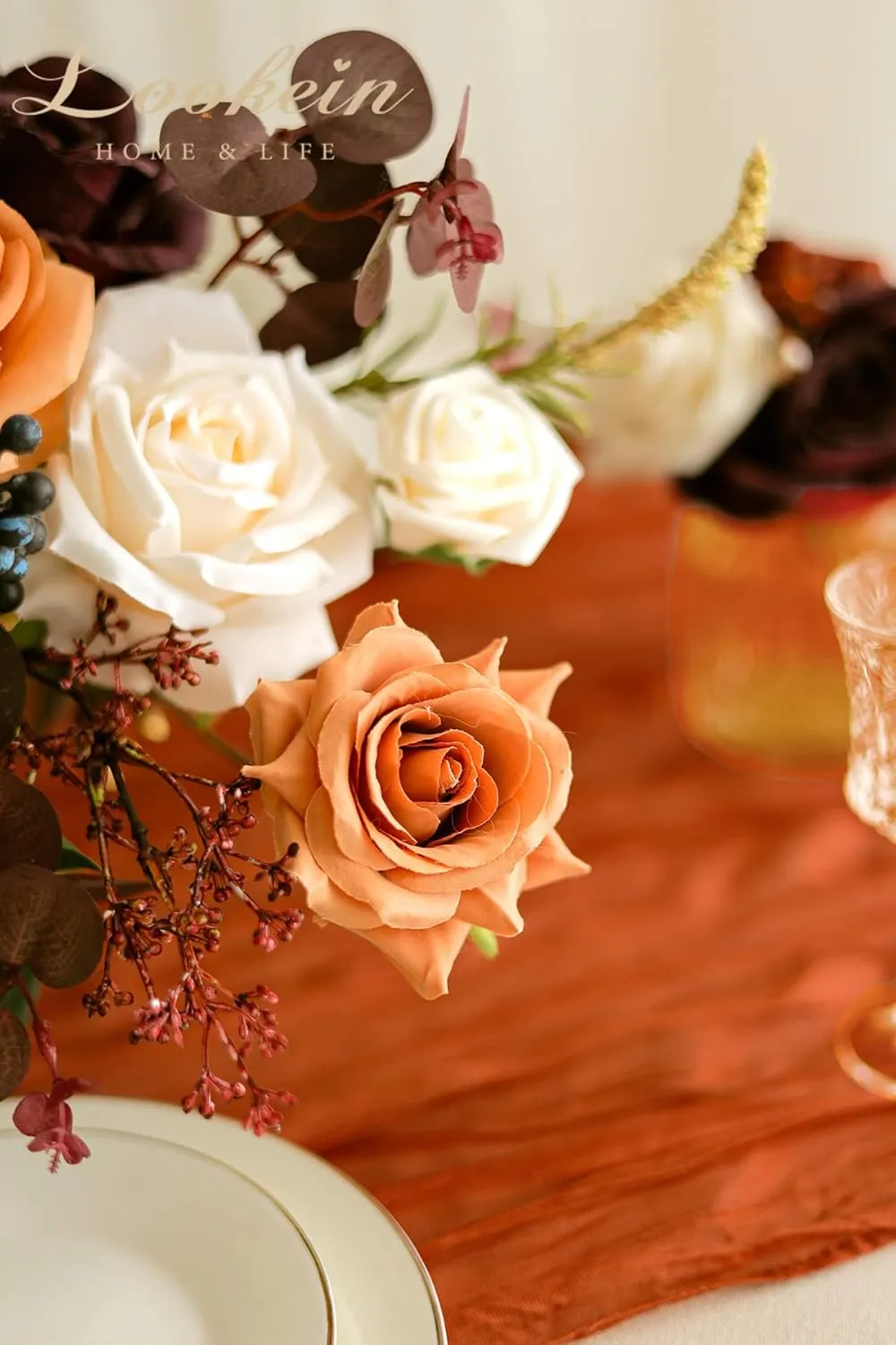 Lookein Artificial Flowers for DIY Wedding Decoration Bridal Bouquet Table Centerpieces Flower Garland Wreaths Aisle Arch Flower Decoration Home Decor, Sunset Burnt Orange