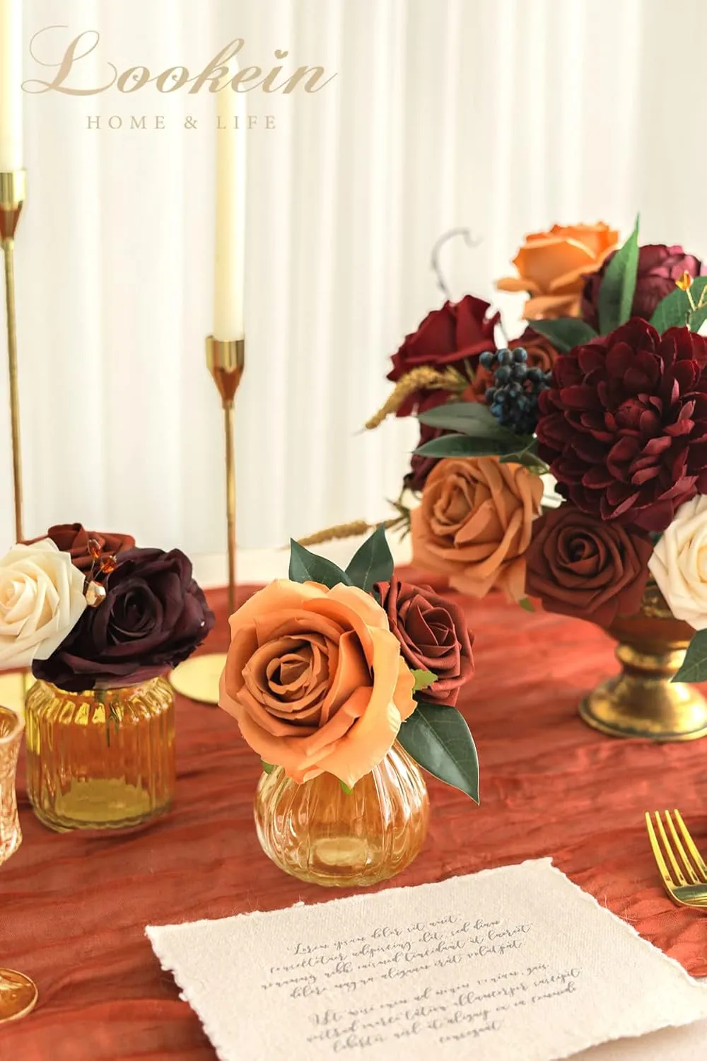 Lookein Artificial Flowers for DIY Wedding Decoration Bridal Bouquet Table Centerpieces Flower Garland Wreaths Aisle Arch Flower Decoration Home Decor, Sunset Burnt Orange