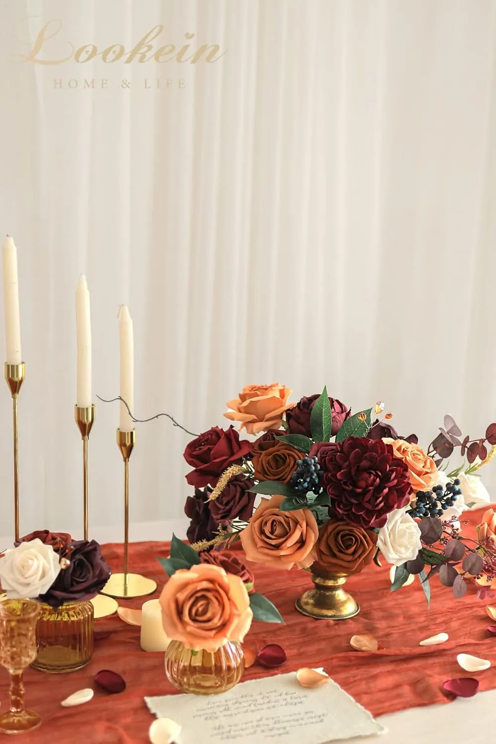 Lookein Artificial Flowers for DIY Wedding Decoration Bridal Bouquet Table Centerpieces Flower Garland Wreaths Aisle Arch Flower Decoration Home Decor, Sunset Burnt Orange