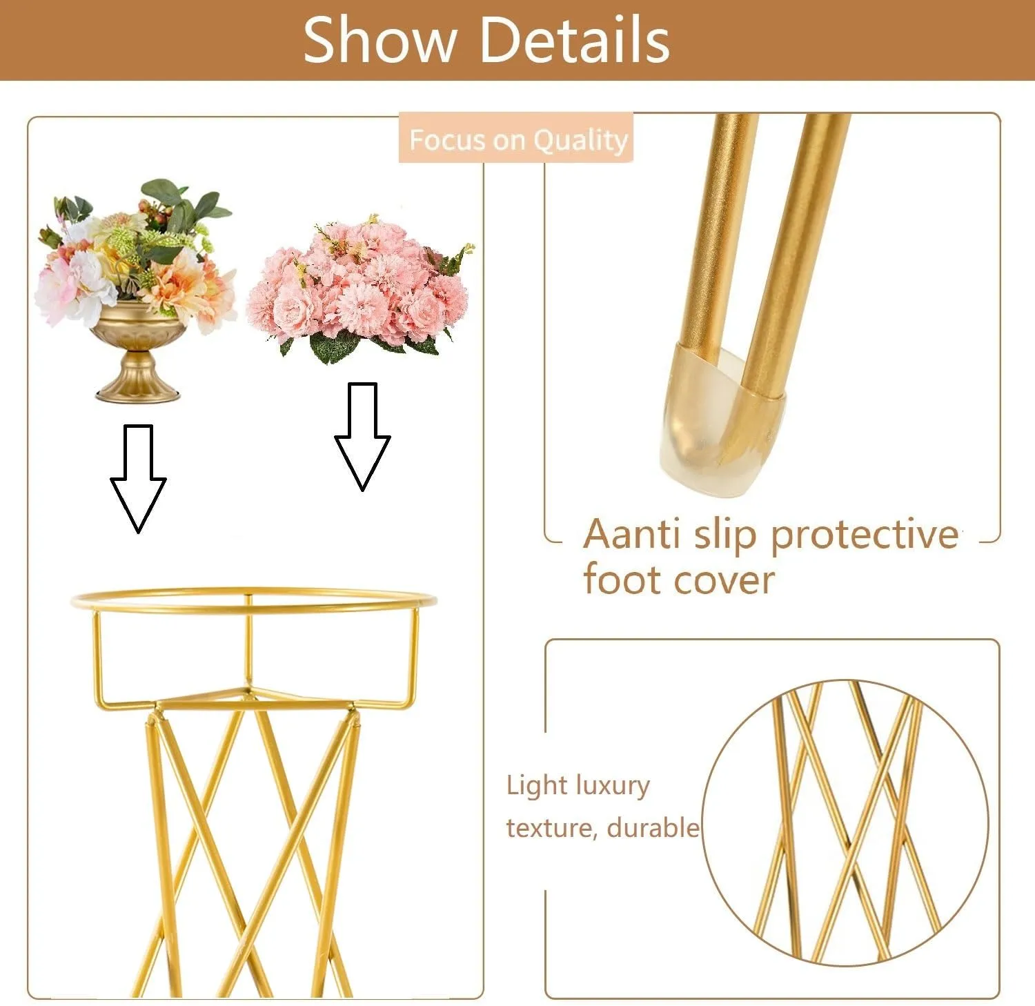 LoveCat 41.3" Tall Gold Floral Display Rack Decorations - Metal Flower Pot Holder，2 Pcs Flower Plant Stand Display for Wedding Anniversary Events Opening Ceremony Party Reception Aisle Centerpieces