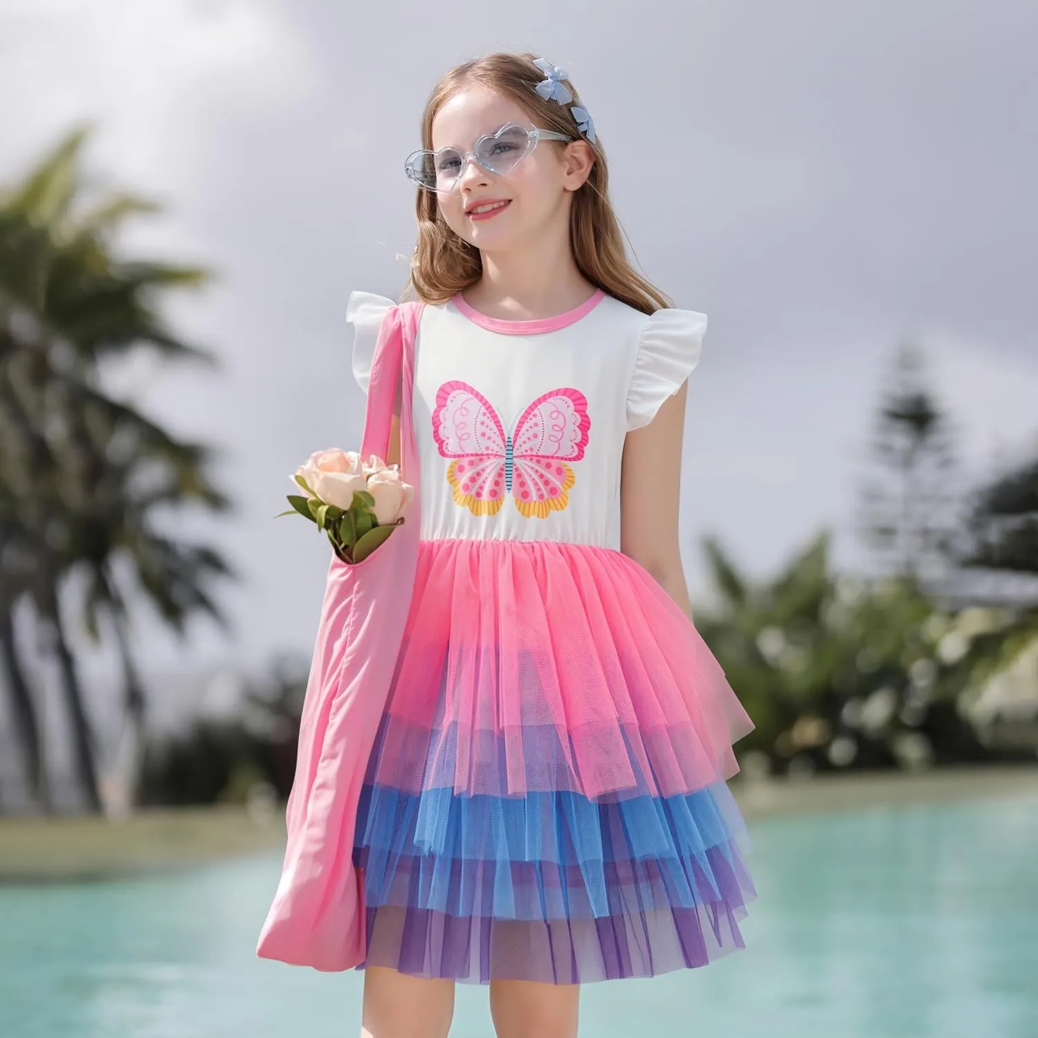 LQSZ Girls Tulle Dresses Princess Flutter Sleeve Tutu Dress for Toddler Girl 3-12 Years