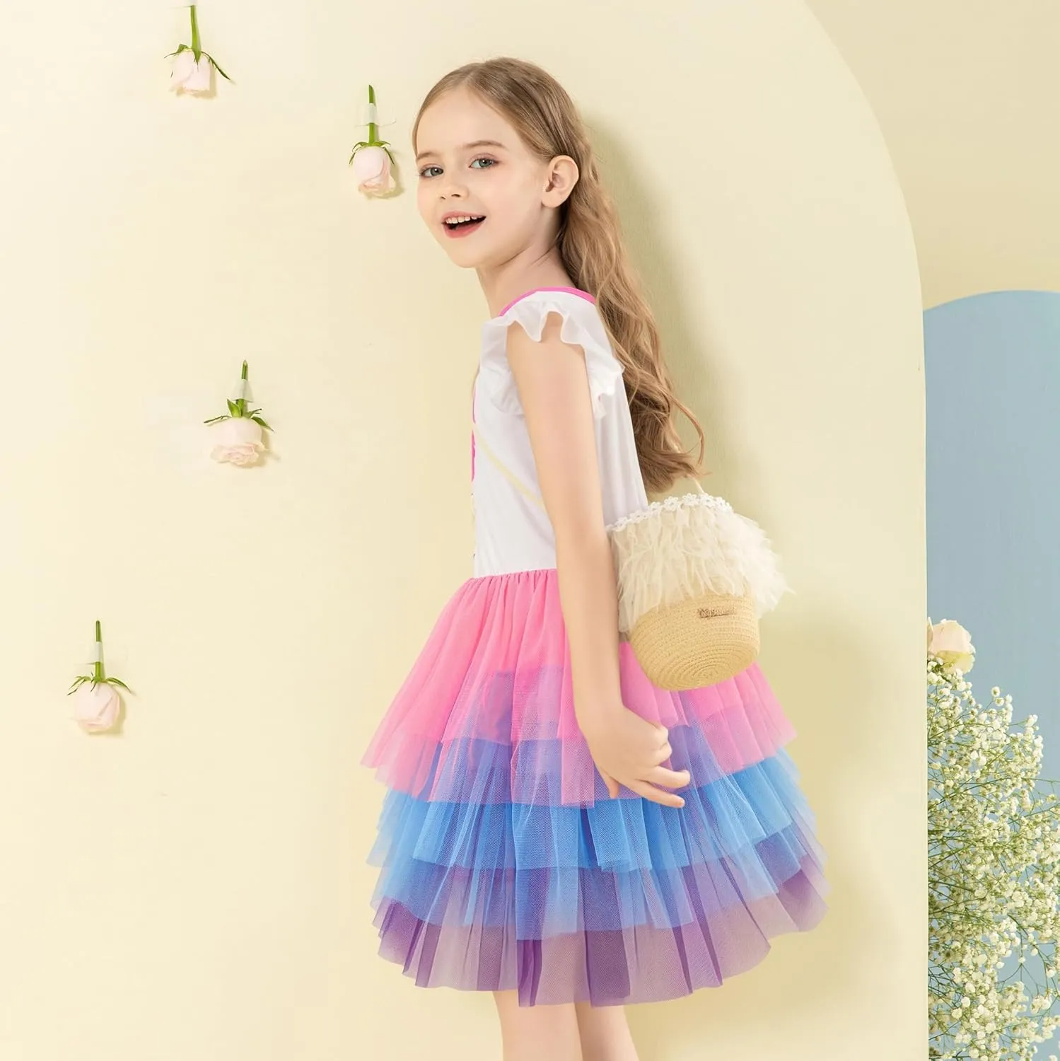 LQSZ Girls Tulle Dresses Princess Flutter Sleeve Tutu Dress for Toddler Girl 3-12 Years