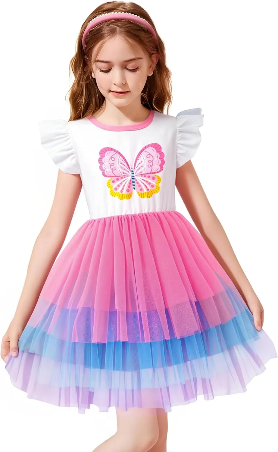 LQSZ Girls Tulle Dresses Princess Flutter Sleeve Tutu Dress for Toddler Girl 3-12 Years
