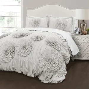 Lush Decor Serena Comforter Set, 3 Piece Set, Full/ Queen, Light Gray - Ruched Ruffled Flower Design - Romantic Ruffle Bedding Set - Vintage Glam & Farmhouse Bedroom Decor
