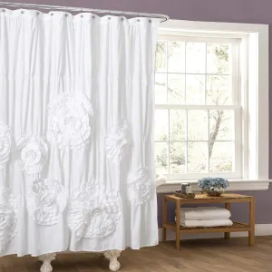 Lush Decor Serena Ruffle Shower Curtain, 72" W x 72" L, White - Beautiful Ruched Flower Design - Luxury Shower Curtain - Vintage Glam, Cottage & Farmhouse Bathroom Decor