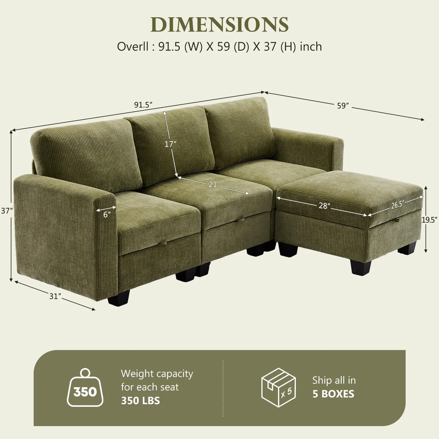 Luxury Modular Sectional Sofa for Home, Apartment, Dorm, Bonus Room, Compact Spaces w/Reversible Chaise Lounge,4 Seat L-Shape w/Storage Seats & Ottoman, 1400lb Capacity - Corduroy Green