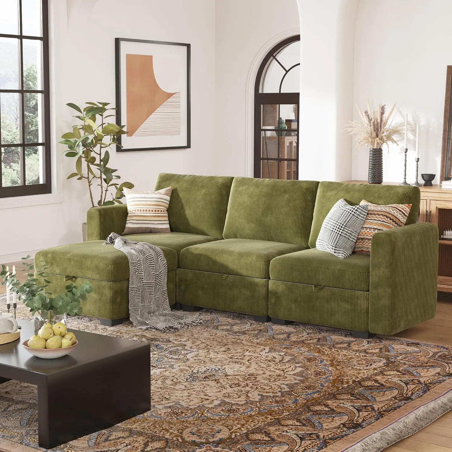 Luxury Modular Sectional Sofa for Home, Apartment, Dorm, Bonus Room, Compact Spaces w/Reversible Chaise Lounge,4 Seat L-Shape w/Storage Seats & Ottoman, 1400lb Capacity - Corduroy Green